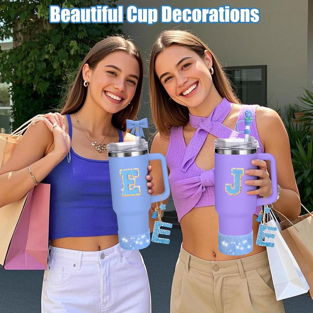 AIERSA Blue Cup Accessories Set for Stanley Cup 40 30 oz Tumbler with Handle, Cup Charms Decorations with Flower Straw Cover Topper Cap, Initial