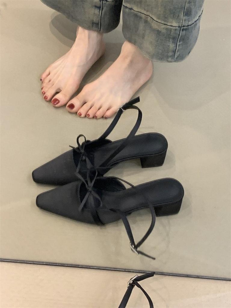 Gentle Fairy Mary Jane Shoes Temperament Socialite Bow Square Head Light Mouth Empty Sandals