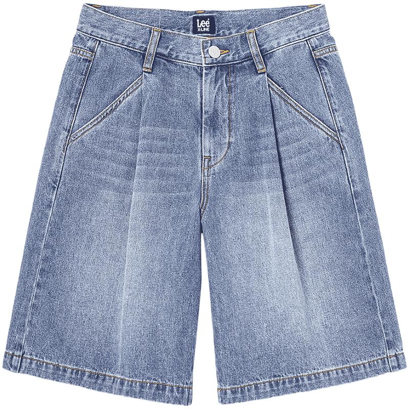 Lee 25 Unisex Loose Fit Single Pleat Medium Light Blue Denim Shorts L