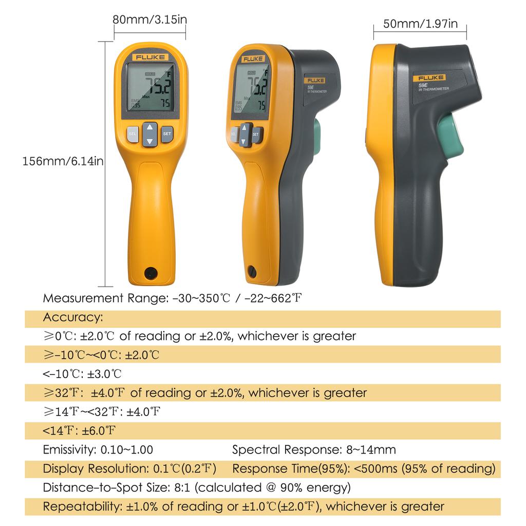 FLUKE 59E Infrared Thermometer Mini IR Thermometer Digital Handheld Temperature Tester 8:1 Laser
