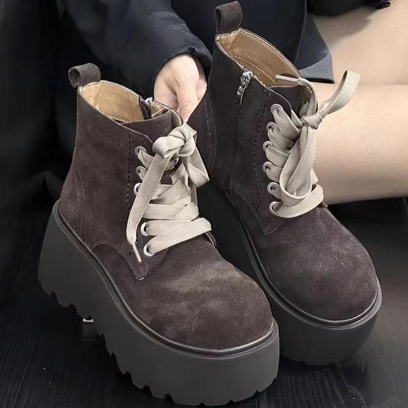 Platform High Heels Women Ankle Boots Lace Up Suede Shoes Designer Winter New Goth Shoes Trend Fashion Pumps Botas Mujer