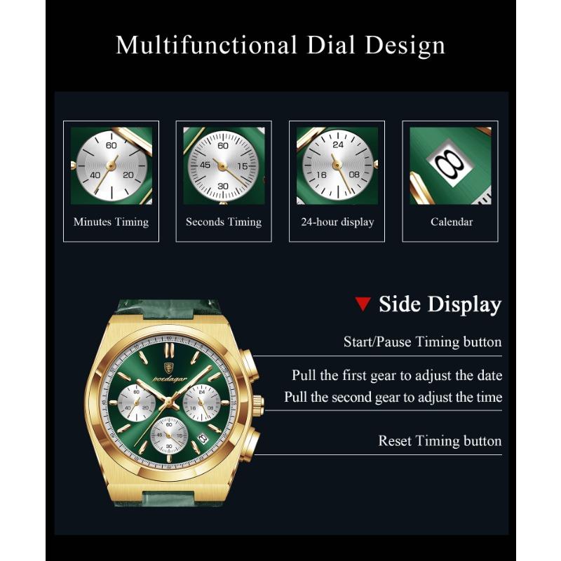 POEDAGAR Orologio da uomo di lusso alla moda Impermeabile Luminoso Cronografo Data Quarzo da polso Moda Sportivo Pelle Orologi