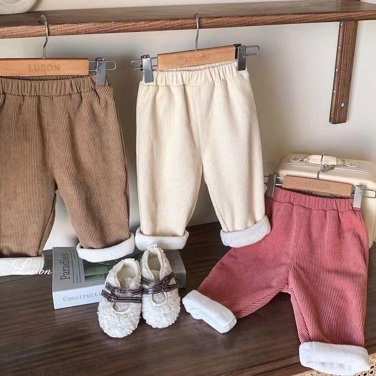 Boys Girls Winter Velvet Kid Pants Bear Cartoon Mid Waist Warm Pantalone Baggy Thick Children Trouser