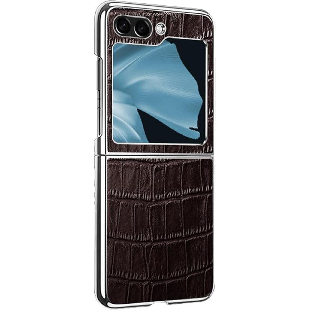 Slim Case for Samsung Galaxy Z Flip 6, Light Luxury Genuine Leather Crocodile Pattern Business Phone Cover with Plating Frame Shockproof Case,Brown