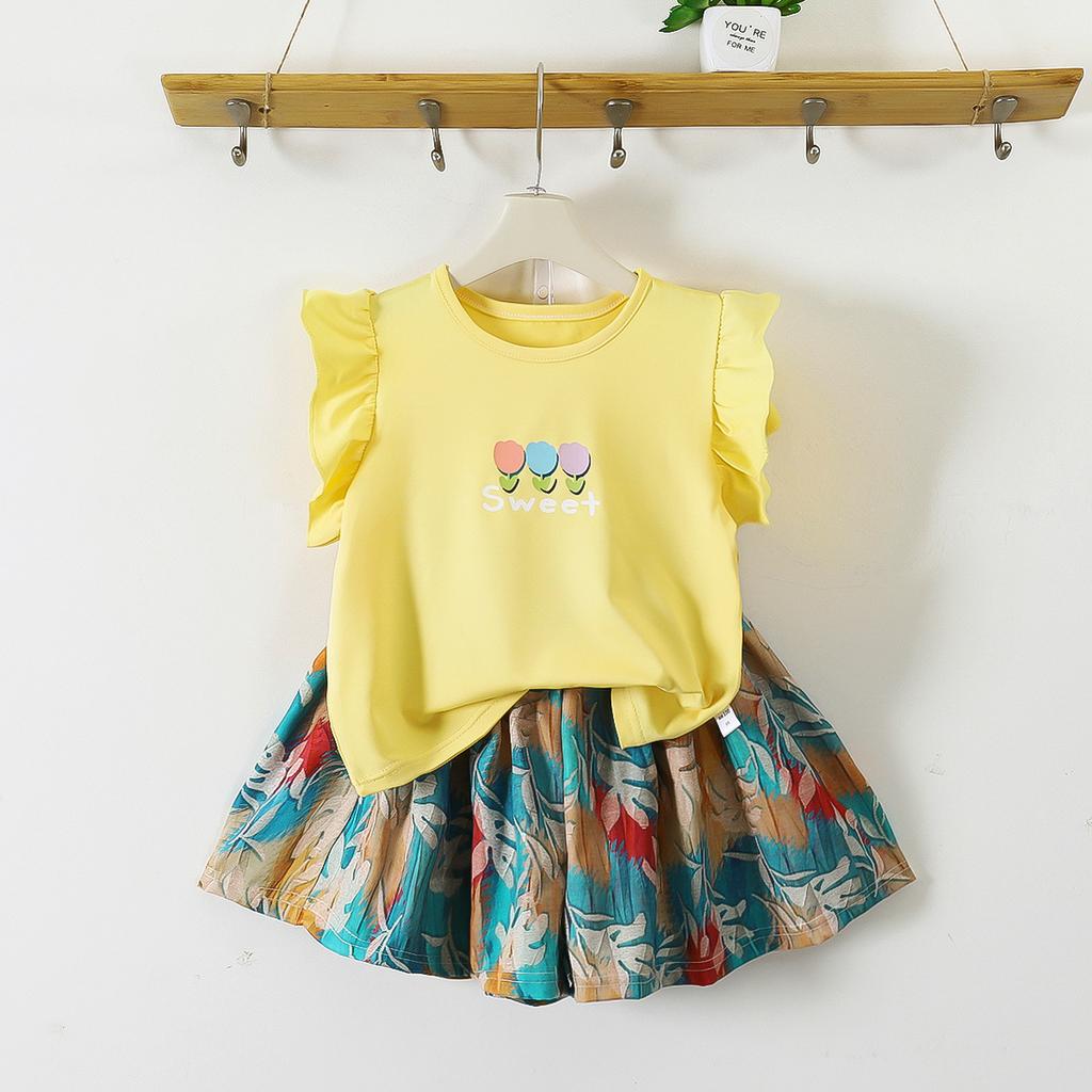 Girls Summer Floral Flutter Sleeve T Shirt And Skort Set Kids Casual Two Piece Outfit