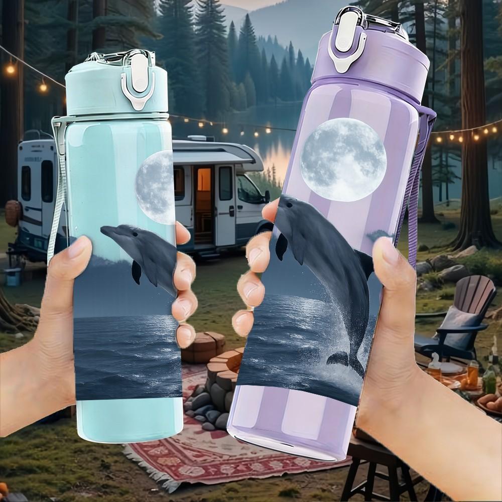 1PC Whale Jumping Ocean Wave Print 750ml Color Plastic Sports Water Bottle Leakproof Flip Straw Lid Suitable for Sports Office Home Use
