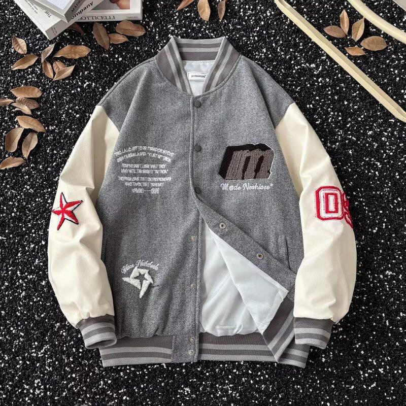 New American Style High Street Workwear Jacket for Men, Autumn Winter Casual Baseball Jacket, Trendy Retro Bomber Jacket for Couples