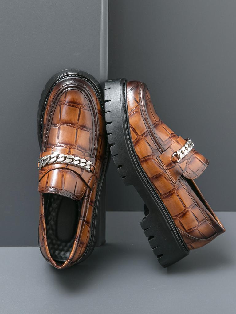 Men Loafers PU Stone Pattern Thick Sole Round Head Metal Chain Decoration Business Casual Men Shoes Large Size 38-46