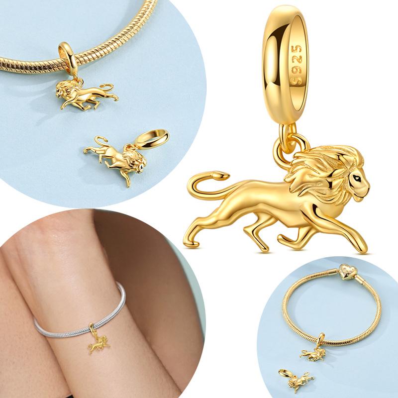 Golden Animal Lion Animal Pendant Authentic Copper Bead Compatible With Bracelets Women Fine Gift Jewellery Accessory Making Diy