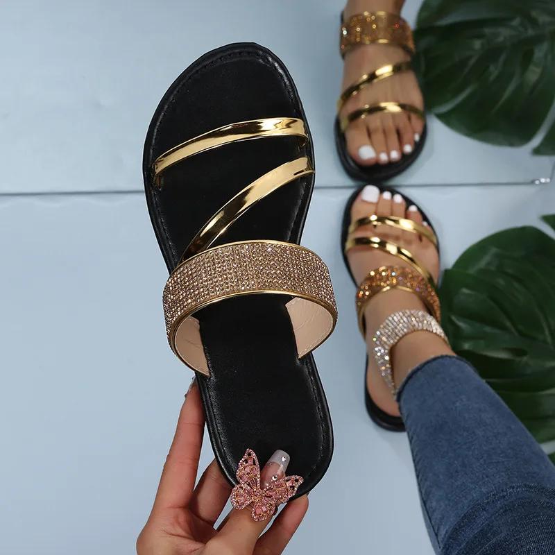 Fashion Summer New Women's Fashion Gold Silver Patent Leather Flat Heel Sandals Bling Rhinestone Narrow Band Beach Casual Slippers2025