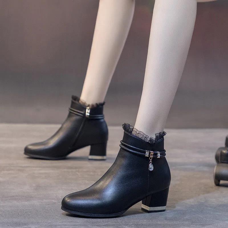 Zapatos De Mujer Women Classic Round Toe Black Pu Leather Short Ankle Boots for Autumn Lady Winter Beige Boots A9201