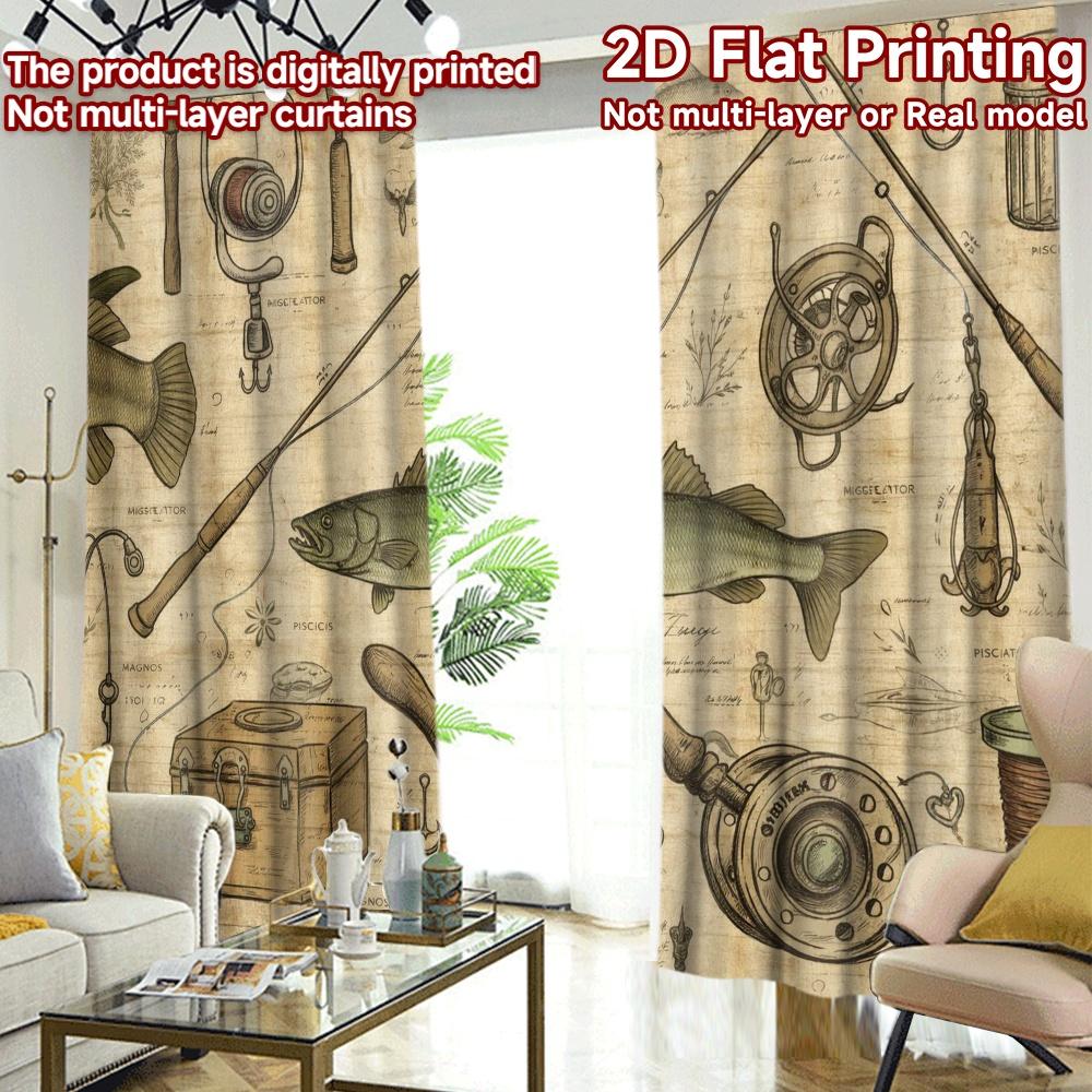 2D FLAT PRINTING 2pcs Curta (Without Rod) Vintage Fishing Equipment Illustration Chic Chic Curtain Versatile Fabric Curta