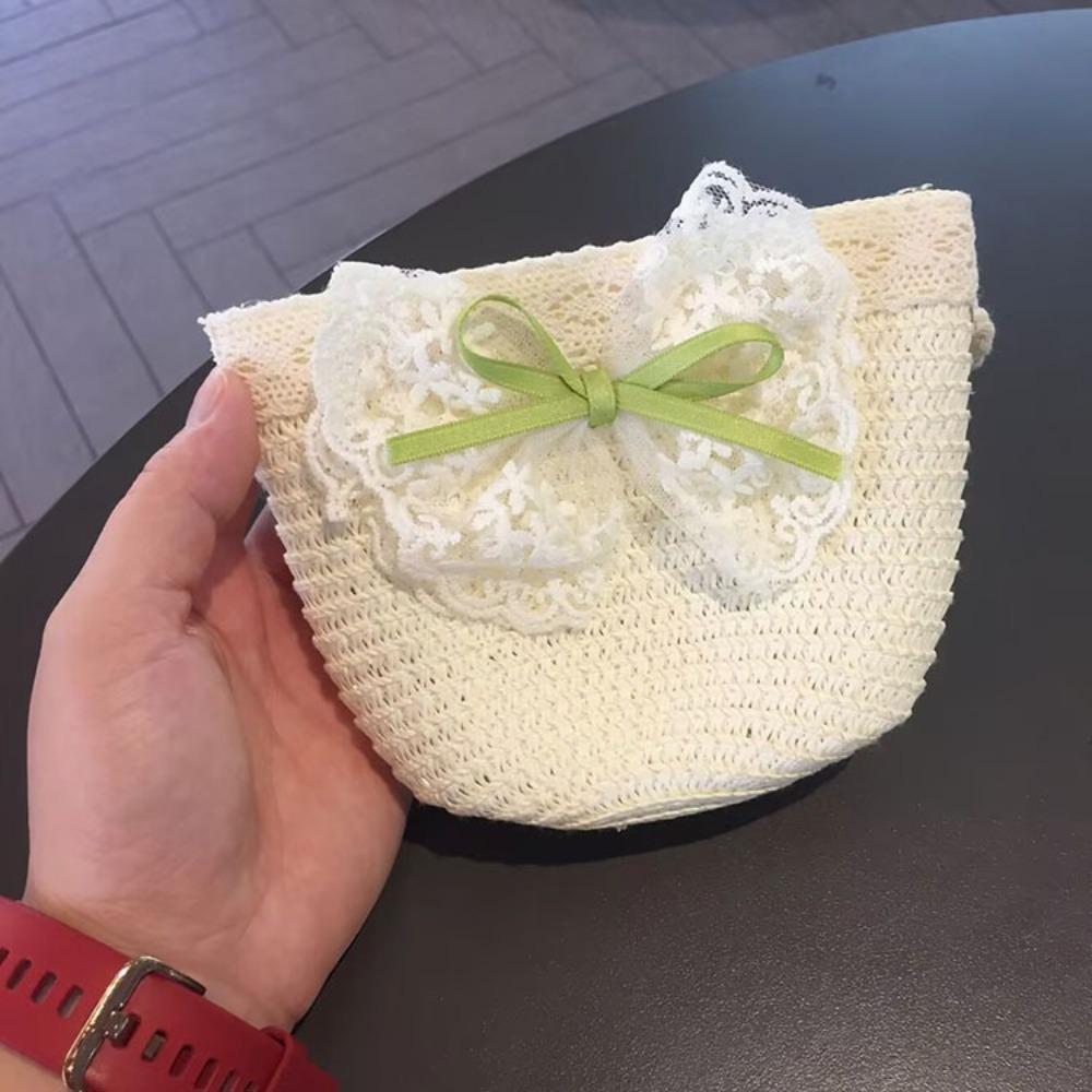 Lace Children Straw Hat Straw Beach Bucket Cap New Straw Shoulder Bag  Beach White Bag
