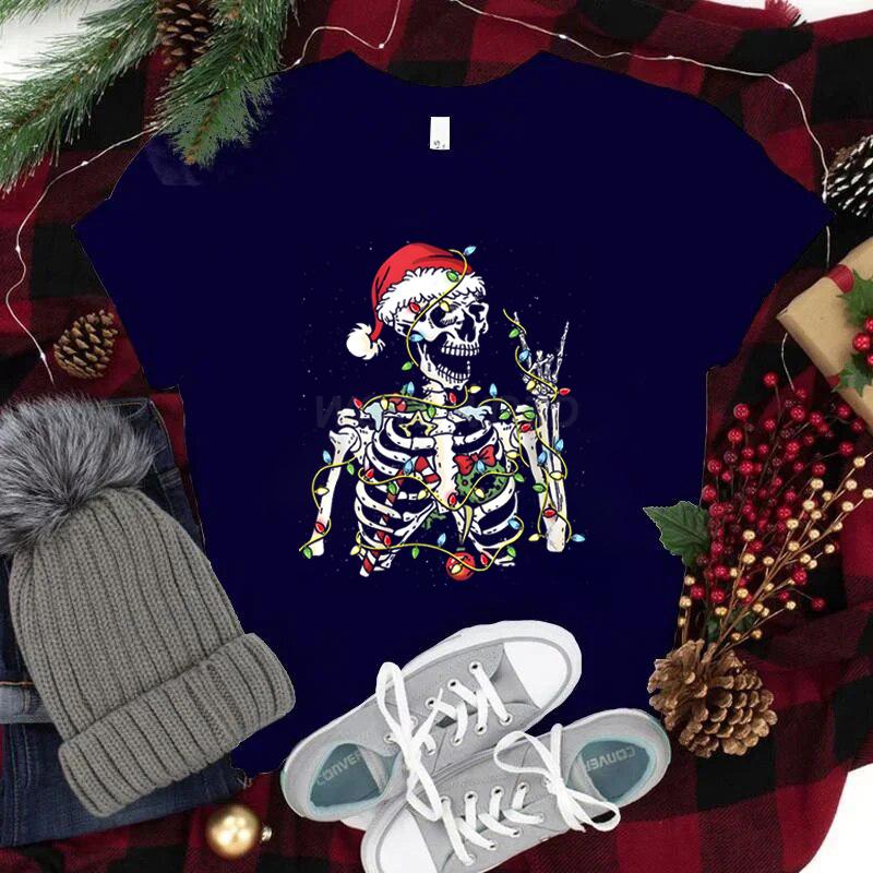 Christmas Santa Skull T Shirt Streetwear Unisexs Clothing Trendy Short Sleeve ONeck Tee Top Christmas Lights Skeleton Street Tees