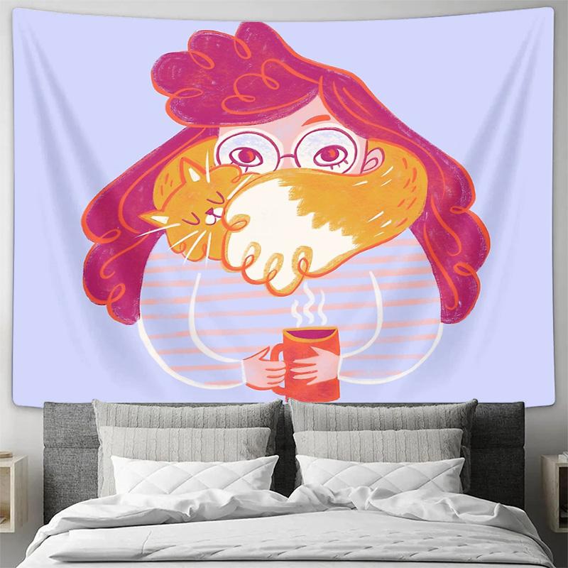 Cozy Cat Aesthetic Tapestry Wall Hanging Home Decor Dorm Room Wall Art Vintage Coffee Lover Gift Room Divider Bedroom Decoration