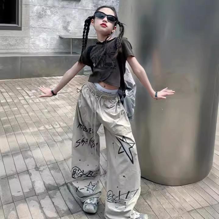 Girls' 2024 Summer Hip-Hop Graffiti All-Match Long Pants