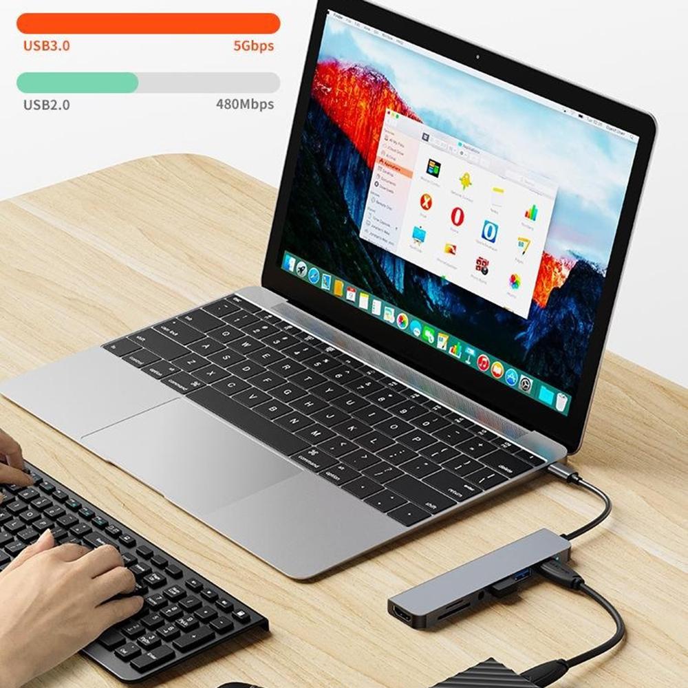 7-in-1 USB-C Hub Type-C to HDMI + USB 3.0 x1 + USB 2.0 x2 + SD + TF + Audio Docking Station for Phone/Laptop/Tablet