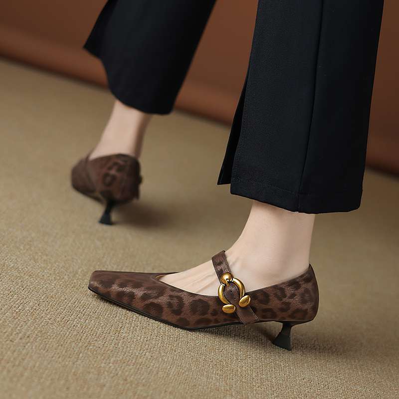 Krazing Pot Sheep Skin Summer Spring Autumn Stiletto Med Heels Leopard Women Square Toe Metal Decoration Shallow Pumps