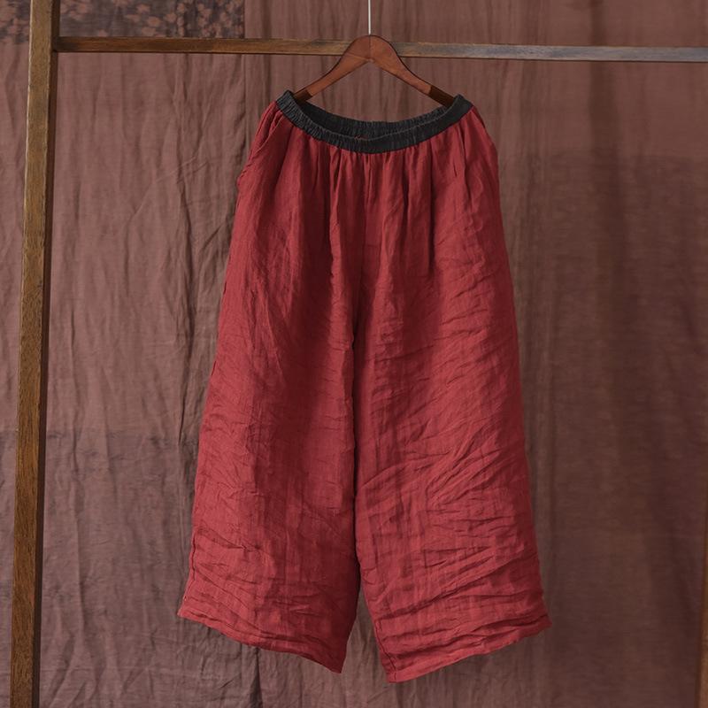 

Johnature женские льняные винтажные широкие брюки с эластичной резинкой на талии, однотонные брюки, весенние свободные женские длинные брюки с карманами One Size темно-красного