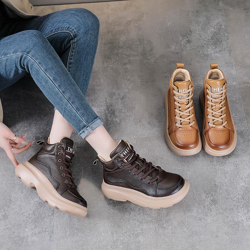 Dame Vintage Kuskinn Høye Ankelstøvletter med Tykk Såle og Rund Tå - Høst/Vinter Kolleksjon.