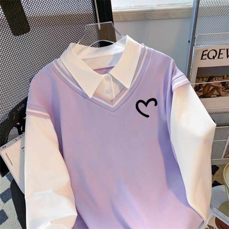 2024 Autumn Women's High-End Spliced Polo Sweatshirt - Long Sleeve, Loose, Slimming, Versatile Design