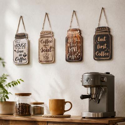 Coffee Bar Accessories 4Pcs Wooden Wall Sign, Farmhouse Rustic Mason Jar Hanging Restaurant Decorative Wood Plaque Decoration, Art for Cafe