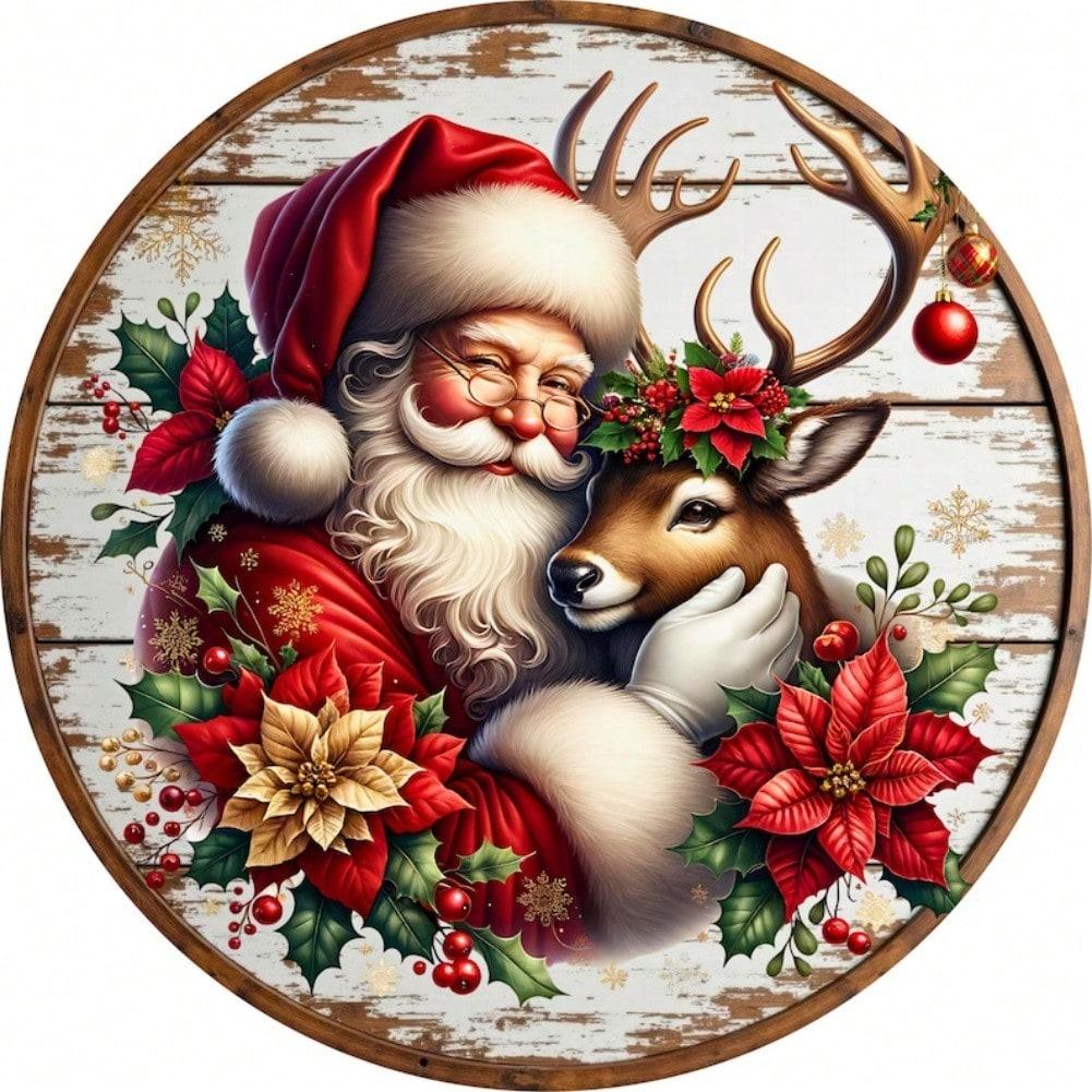 

Vintage Metal Christmas Wall Art Decor Classic Santa Reindeer Wreath Rustic Poinsettia Aluminum Sign Handmade Craft 20x20 різнокольоровий
