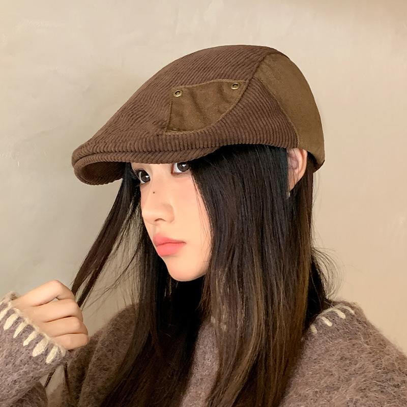 Autumn and winter hat women's retro versatile corduroy forward hat high-end newsboy hat warm beret