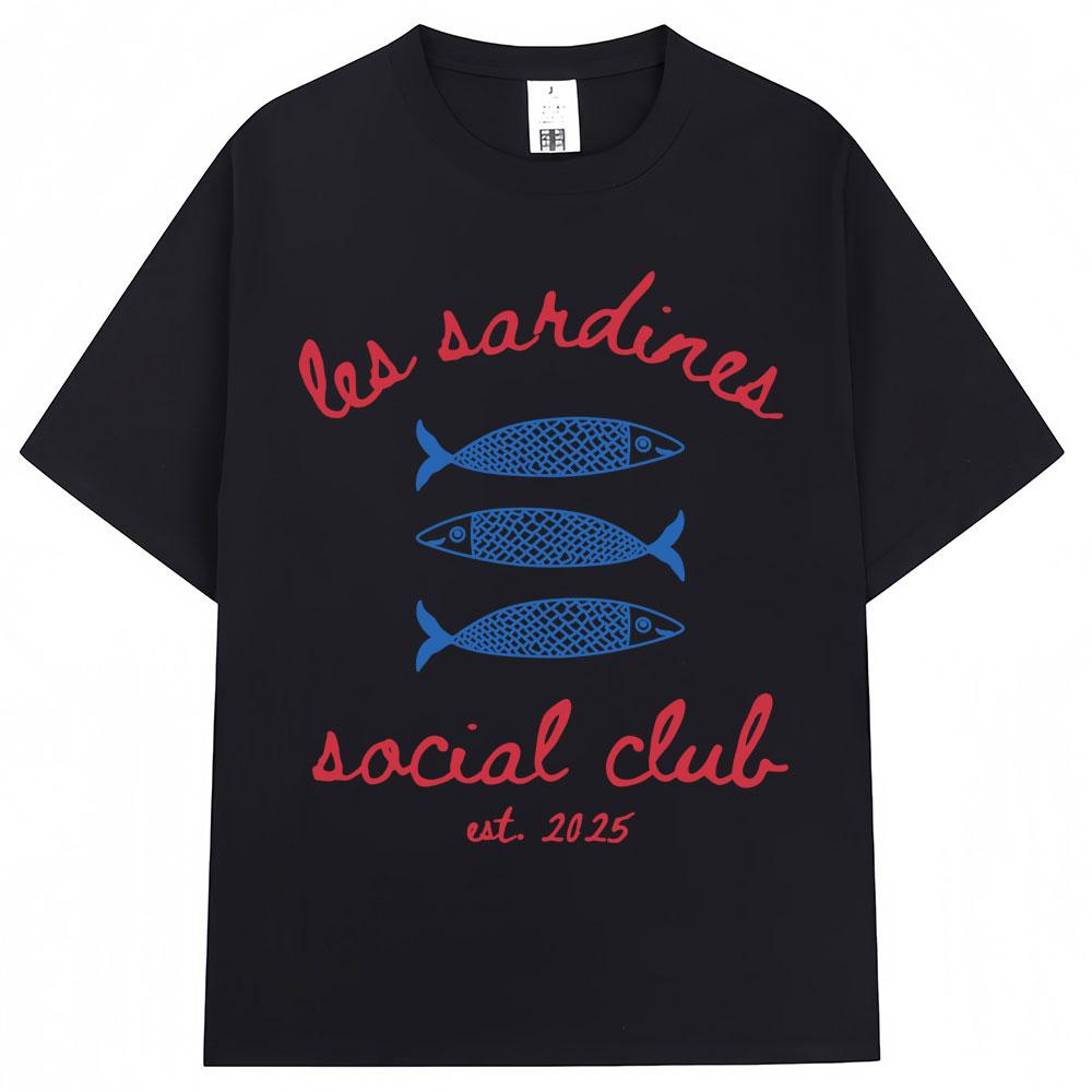 Les Sardines Social Club Graphic T Shirt Summer Fashion Vintage   Short Sleeve Oversized Cotton Casual Tees Streetwear