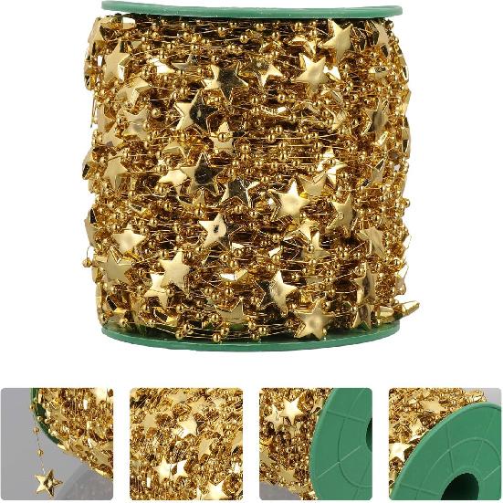 1 Roll Star Bead Garland Golden String Garland Christmas Tree Hanging Garland Beads for Wedding Christmas Decoration Wrapping Packging Golden