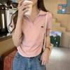 Design lapel bow embroidered T-shirt women's summer small man pleated front shoulder college style short chic top