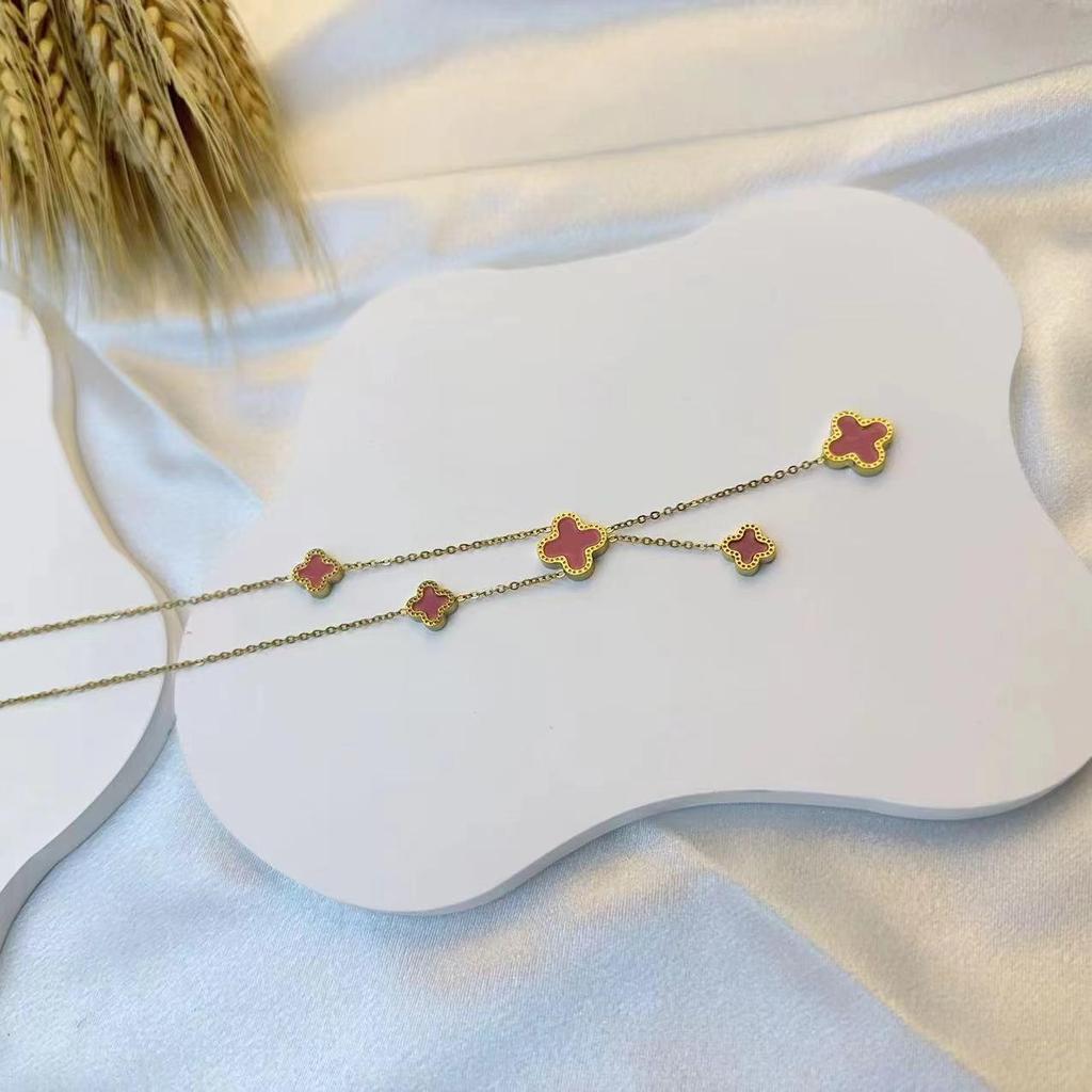 Elegant Five-Flower Double-Sided Four-Leaf Clover Stainless Steel Necklace with Tassel Pendant