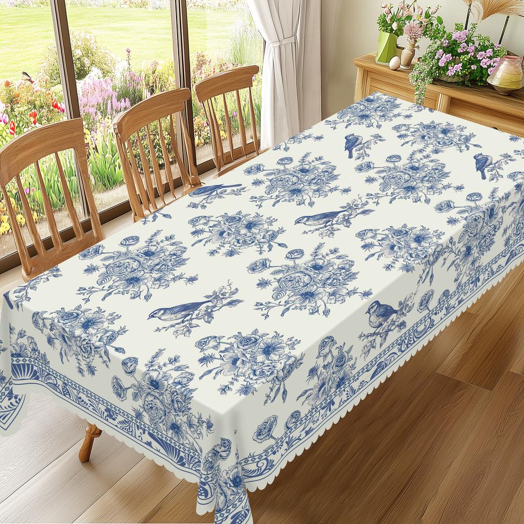 1 Piece Of Vintage Floral-Themed Tablecloth, Featuring A Blue And White Porcelain Style Print With Floral And Bird Patterns, Available In Various Size