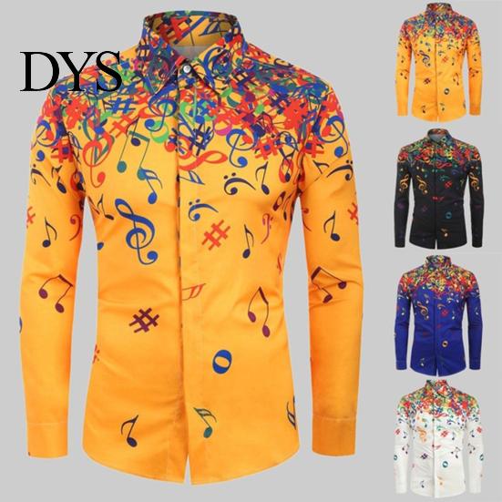 Men Autumn Musical Note Printed Long Sleeve Turndown Collar Shirt Blouse Top