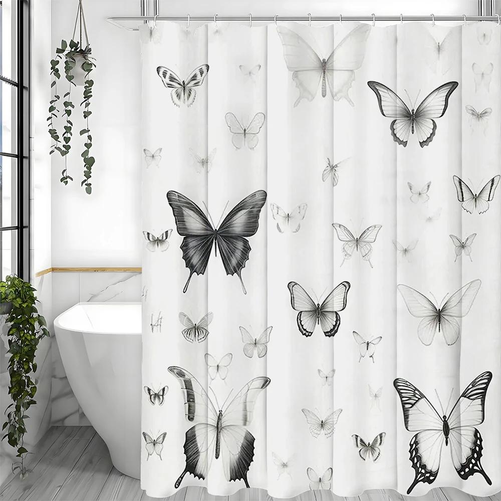 Black and White Butterfly Shower Curtain, Bathroom Decorative Shower Curtain, Waterproof Shower Curtain with Hooks