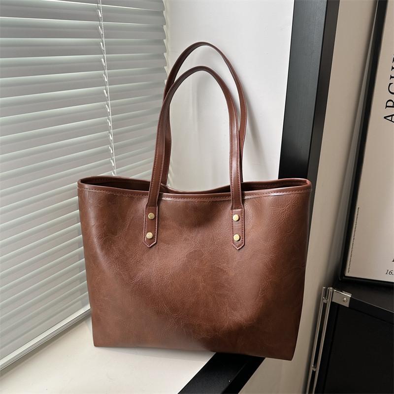 Elegant Black White Brown Pu Large Capacity Tote Bag For Women Stylish Casual Spring