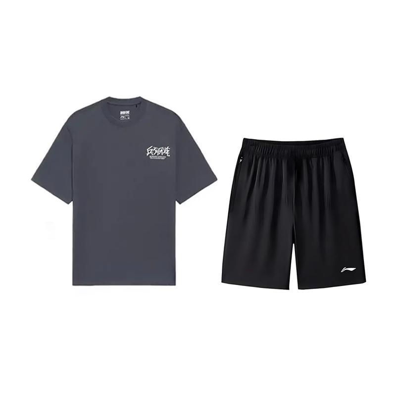 

Li Ning Тактическая футболка с принтом букв, модная, универсальная, свободного кроя, с круглым вырезом и короткими рукавами, повседневный спортивный комплект, унисекс, топы YHSV281-2+AKSV843-1 L