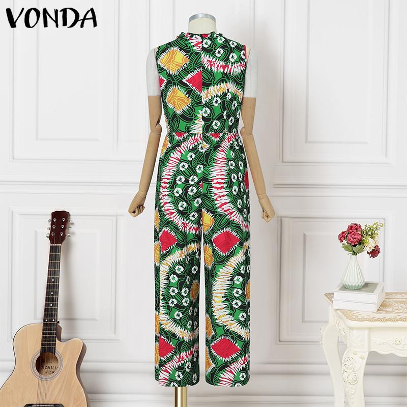VONDA Women O Neck Sleeveless Hawaiian Print Casual Beach Holiday Long Jumpsuits Rompers