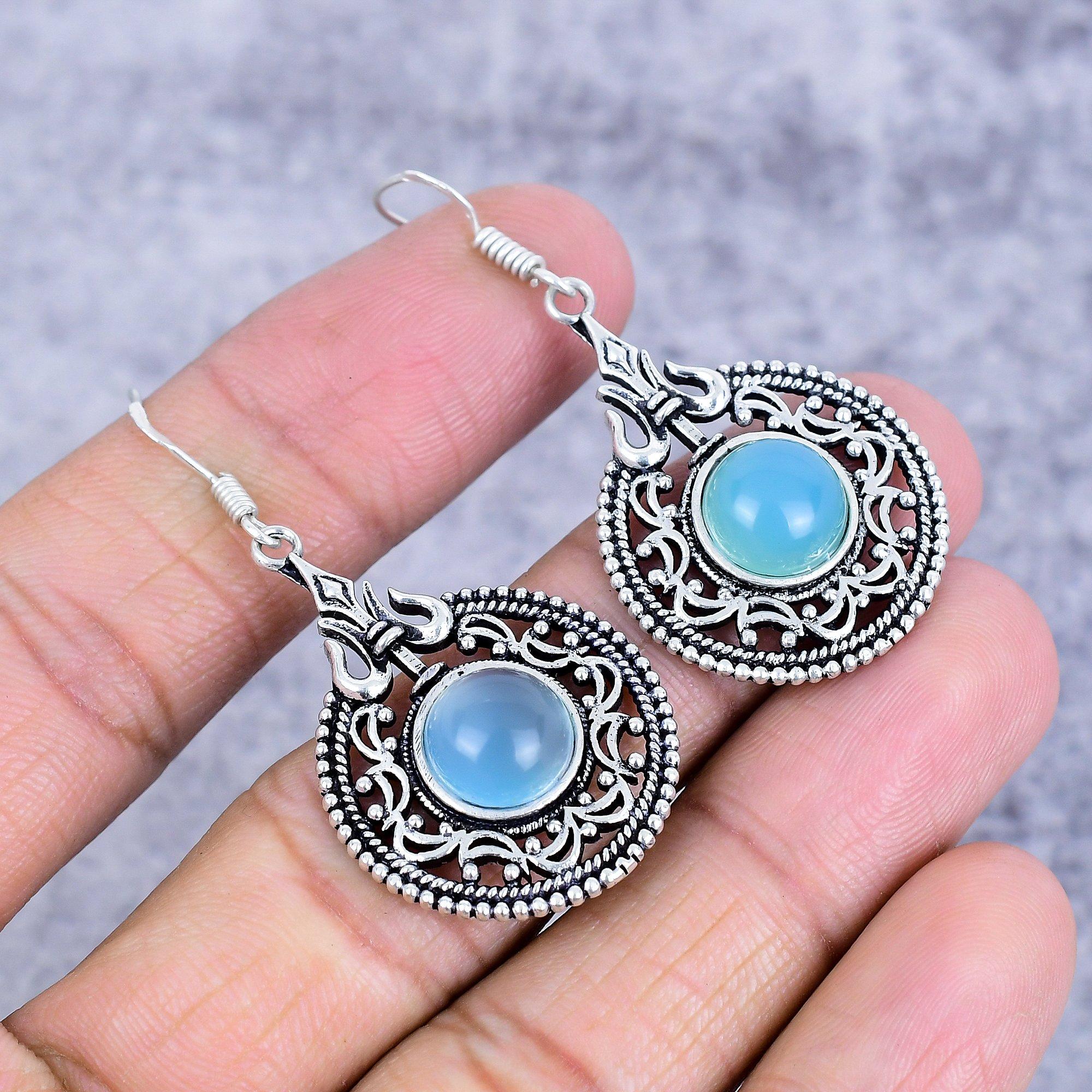 

Blue Chalcedony Gemstone Handmade 925 Sterling Silver Jewelry Earring 2.05 M-2696