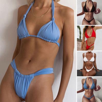 2Pcs/Set Women Bikini Set Halter Padded Wireless Bikini Bra High Waist Swimming Briefs Set Split Design Solid Color Swimsuit