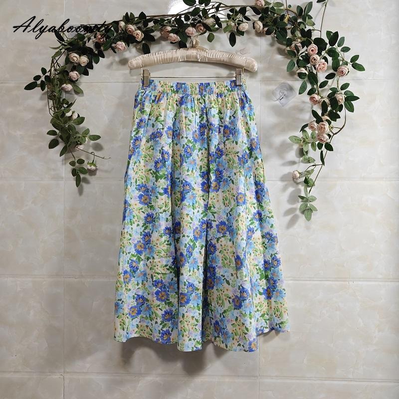 Japanese Mori Girl Summer Women Midi Skirt Elastic Waist Contrast Color Floral Print Sweet Skirt Pretty Travel Holiday Cotton Skirt
