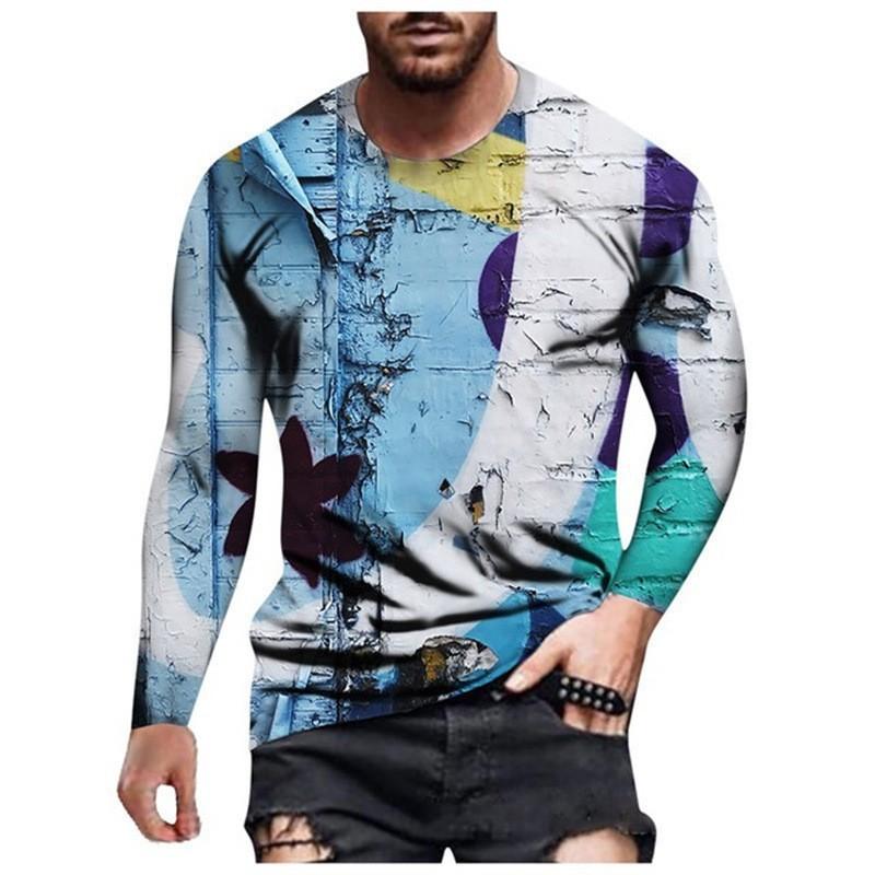 Round Neck 3D Graffiti Printed Top Casual Long Sleeved Men's T-shirts - Soft Medium Stretch Polyester Fabric Spring and Autumn Relaxed Fit Clothing