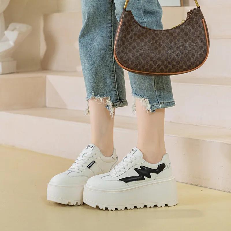 Fashion 8cm Mixed Color Ladies Vulcanize Shoes Genuine Leather Spring Autumn Lace Up Stable High Platform Sneakers Women Fashion Shoes