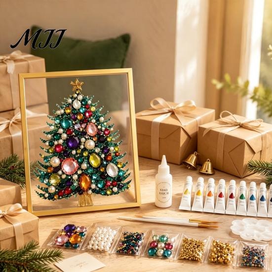 Holiday Decoration Making Sets DIY Jewelry Faux Pearl Art Painting Kit with Frame, Christmas Craft Supplies Set Crystal Gem for Adults, Home Tabletop