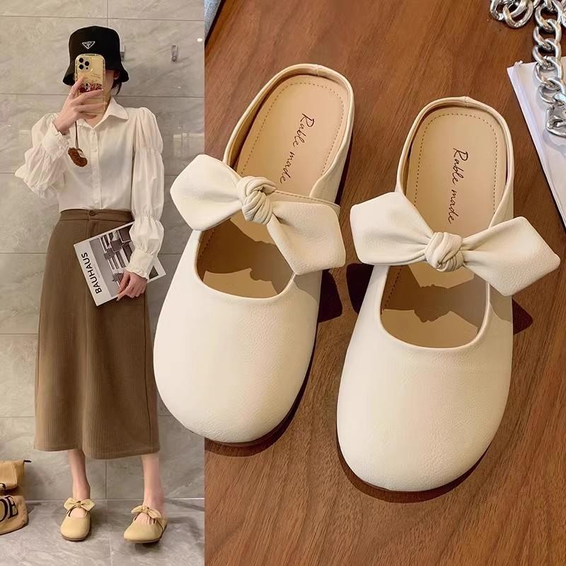 [Uncle Shoes] Half-drag Bow New Summer French Lazy Shoes Soft-soled Bag Head Slippers Women Wear a Pedal