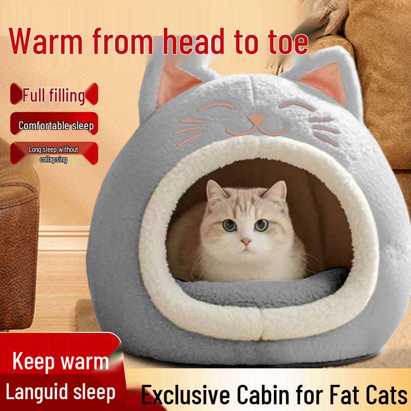 Winter Warm Half-Closed Cat Bed - All-Season, Dirt-Resistant, Secure, and Non-Collapsing. up to 5 lbs + Smiley Nest + Washable Cotton Pad