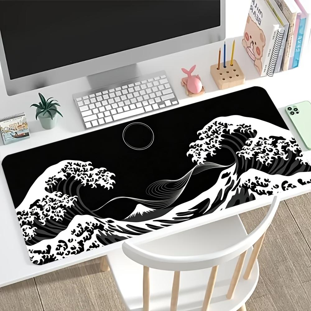 UkiyoE Wave Sakura Print Large Gaming Mousepad NonSlip Rubber Base Stitched Edge Office Keyboard Workstation Decor