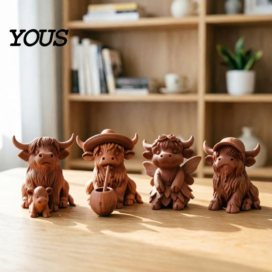 3D Printed Cow Sculpture Rustic Highland Ornament, Terracotta Color Statue, Modern Home Accessory Cute Figurine for Desk Shelf Farmhouse