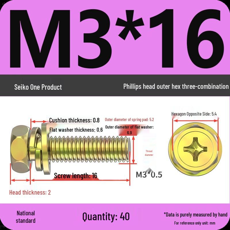 Concave Head Hexagon Combination Bolt Set with Spring Washer and Gasket - 3 Pieces