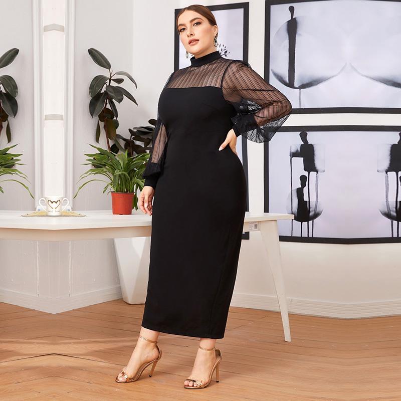 Mujer primavera otoño OL Commuter Panel de malla medio cuello alto transparente cadera vestido largo L-4XL